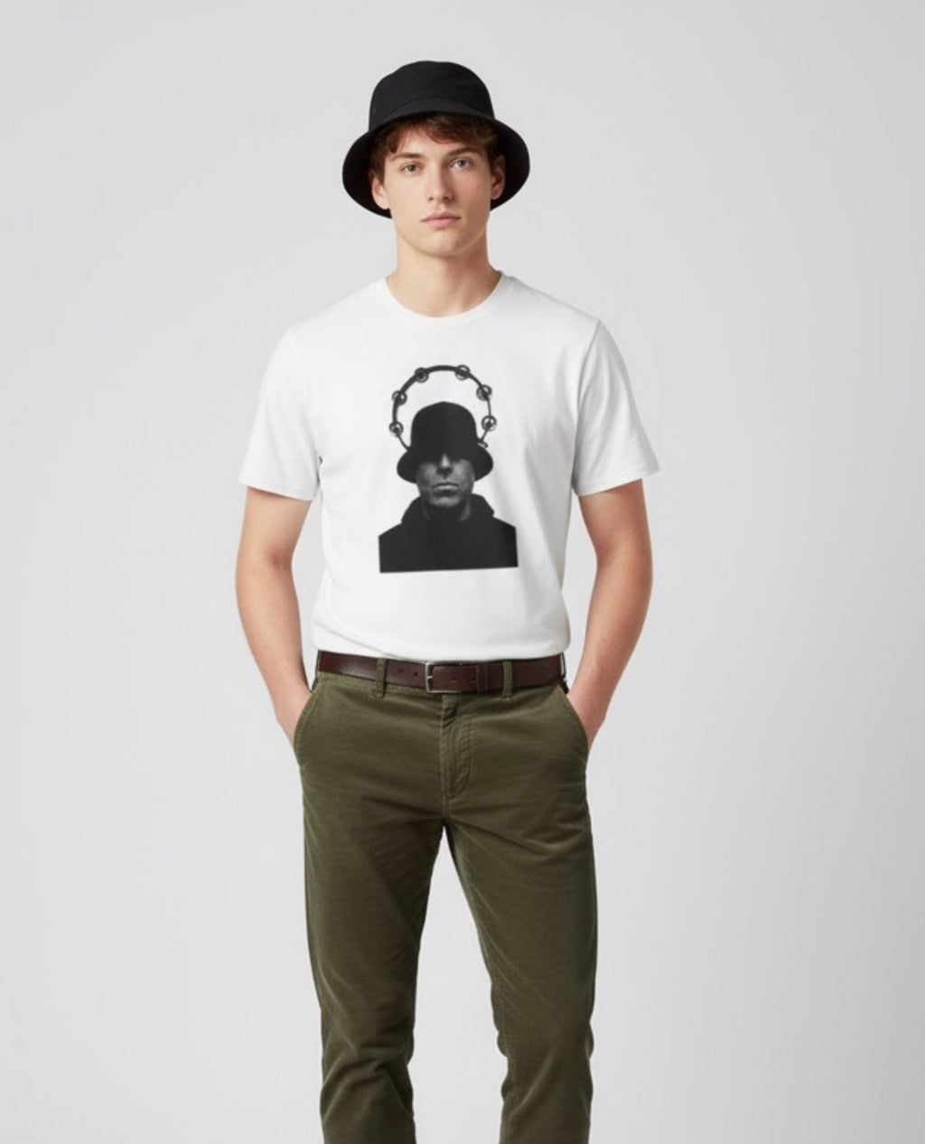 Tambourine Halo Bucket Hat Portrait T-Shirt - Black & White Rock Graphic Tee, Unisex DTG Print, Sizes XXS-5X