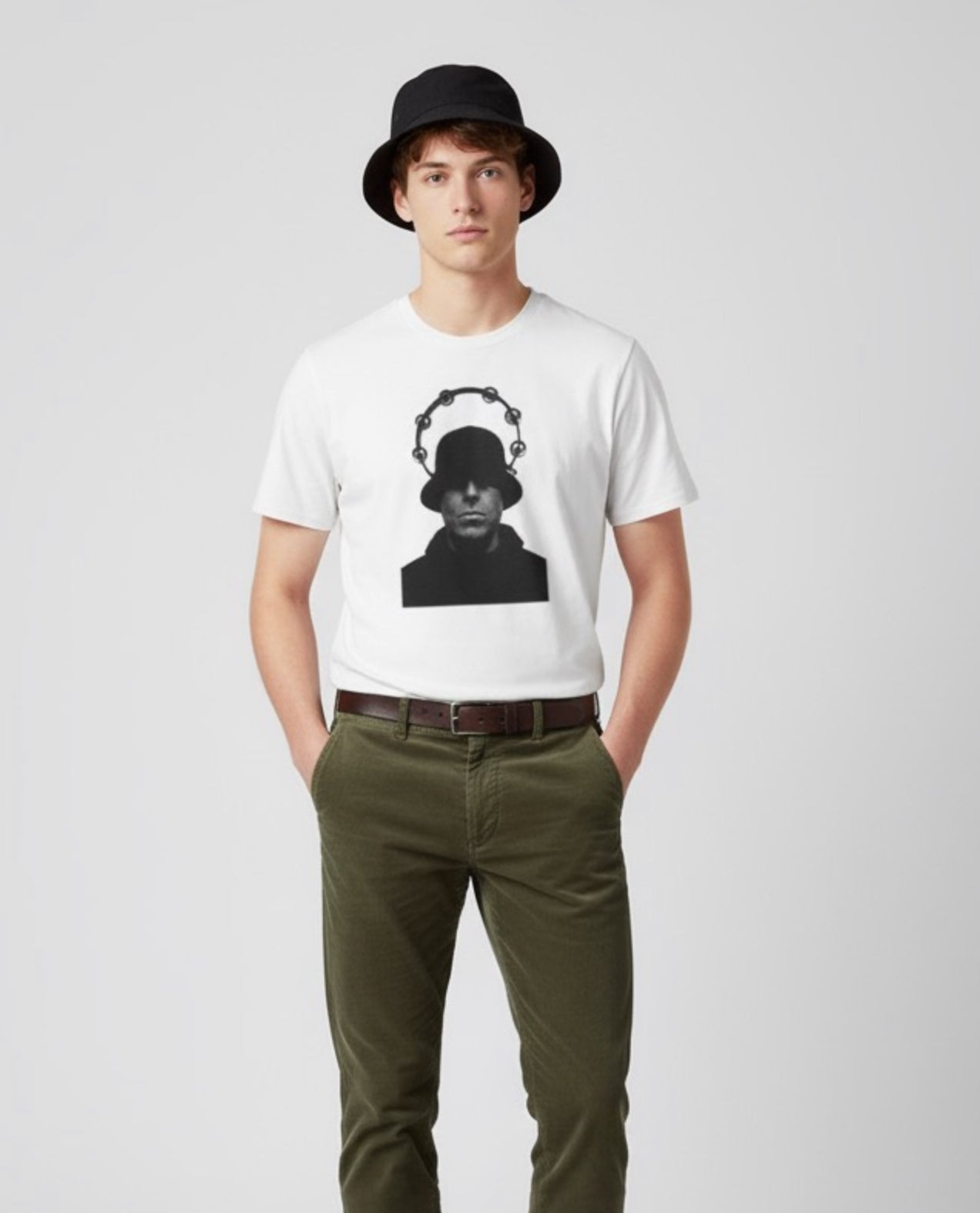 Tambourine Halo Bucket Hat Portrait T-Shirt - Black & White Rock Graphic Tee, Unisex DTG Print, Sizes XXS-5X