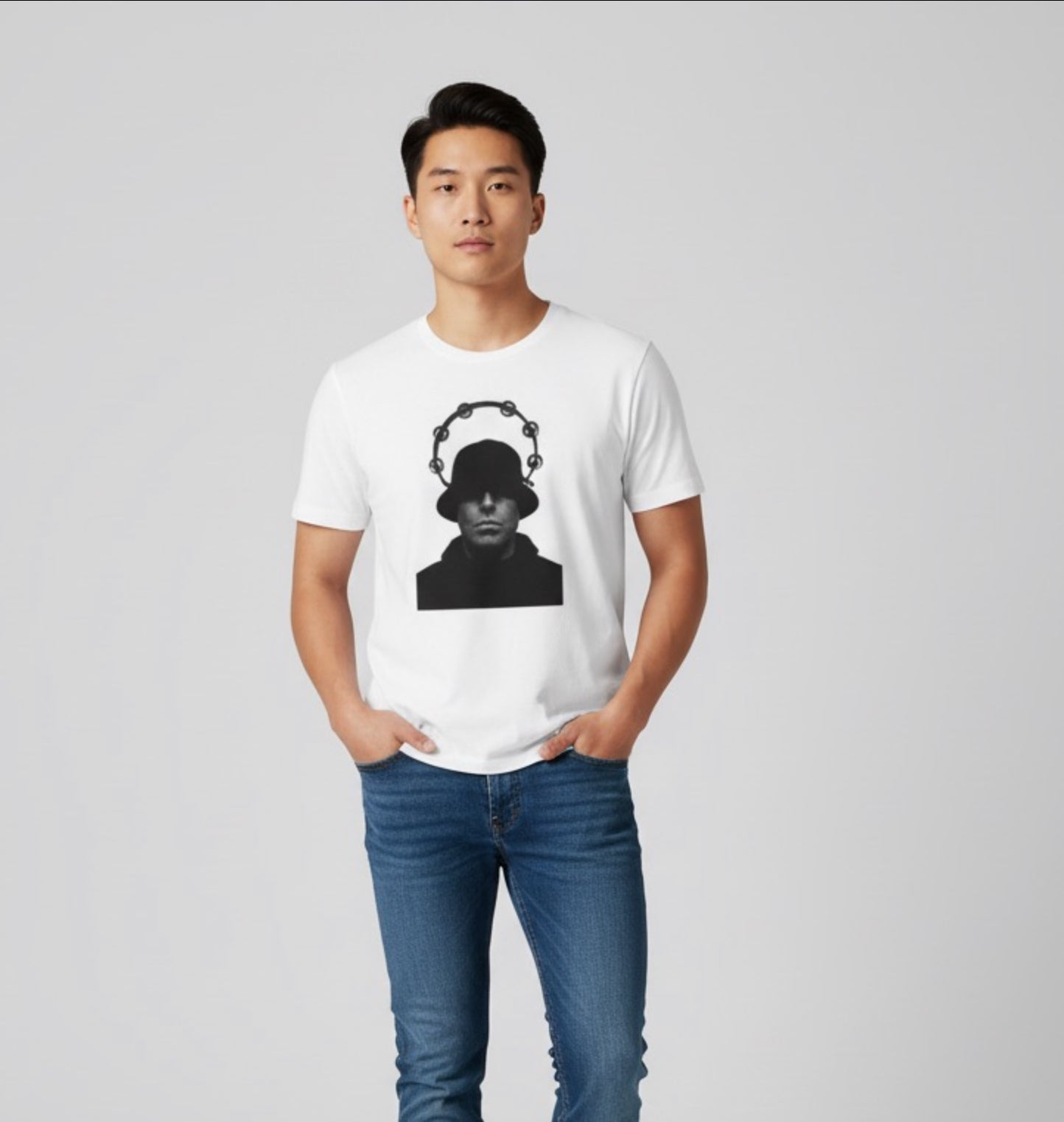 Tambourine Halo Bucket Hat Portrait T-Shirt - Black & White Rock Graphic Tee, Unisex DTG Print, Sizes XXS-5X