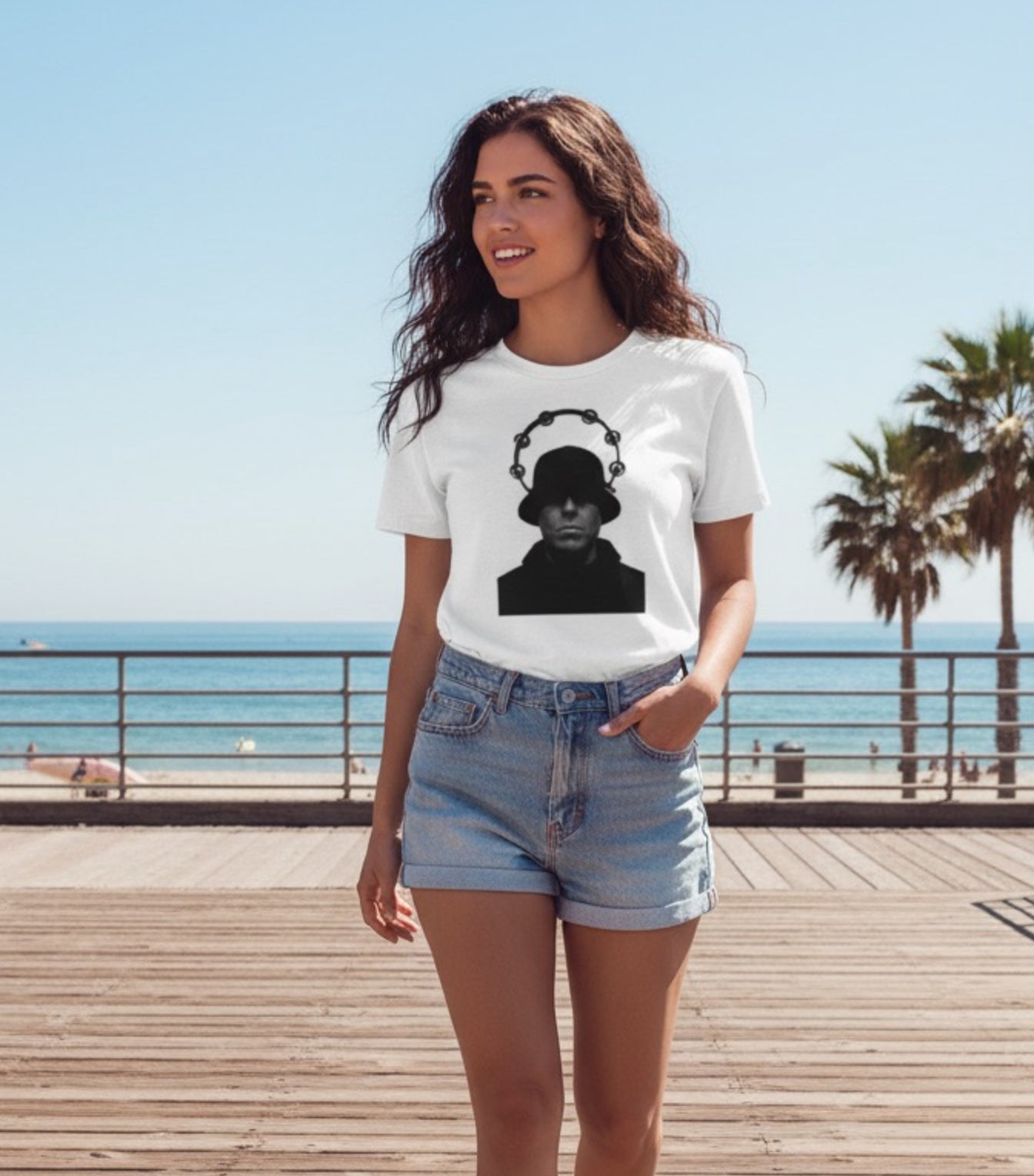Tambourine Halo Bucket Hat Portrait T-Shirt - Black & White Rock Graphic Tee, Unisex DTG Print, Sizes XXS-5X