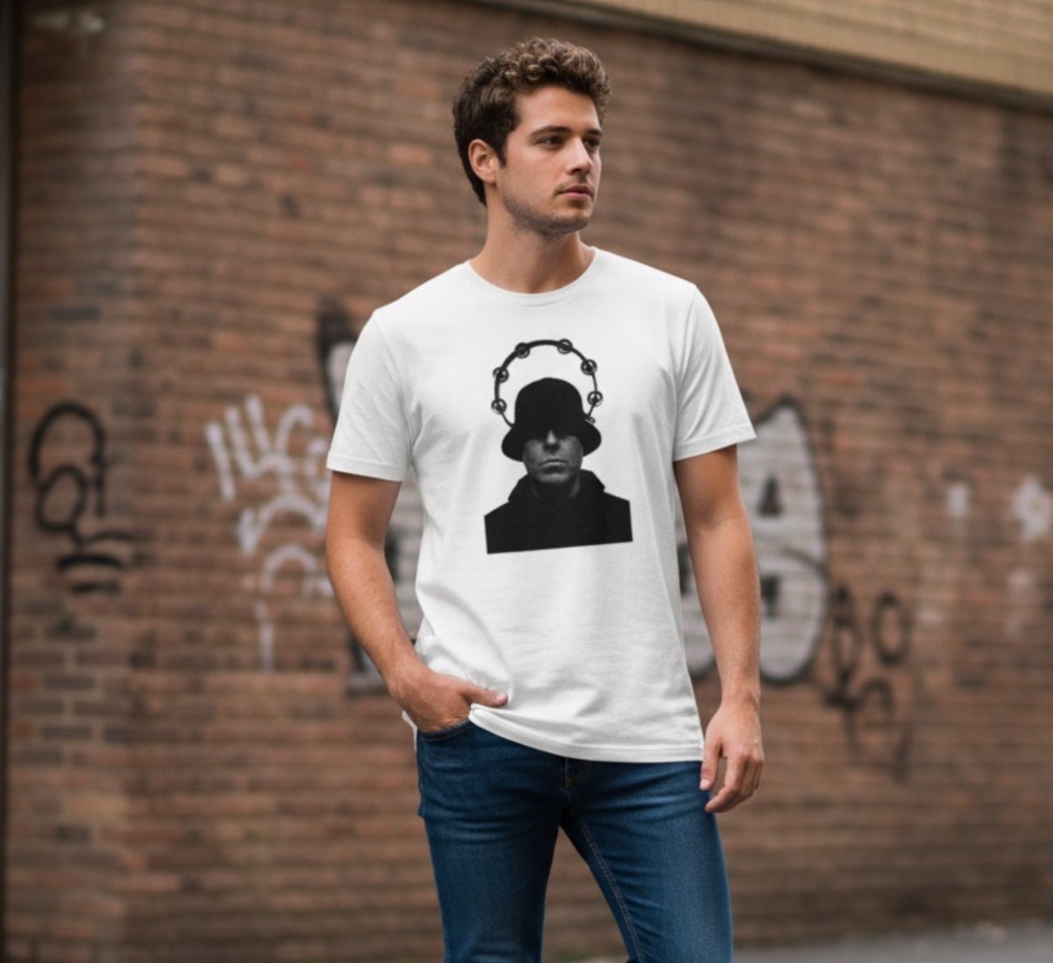 Tambourine Halo Bucket Hat Portrait T-Shirt - Black & White Rock Graphic Tee, Unisex DTG Print, Sizes XXS-5X