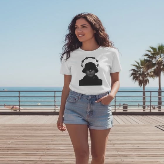 Tambourine Halo Bucket Hat Portrait T-Shirt - Black & White Rock Graphic Tee, Unisex DTG Print, Sizes XXS-5X
